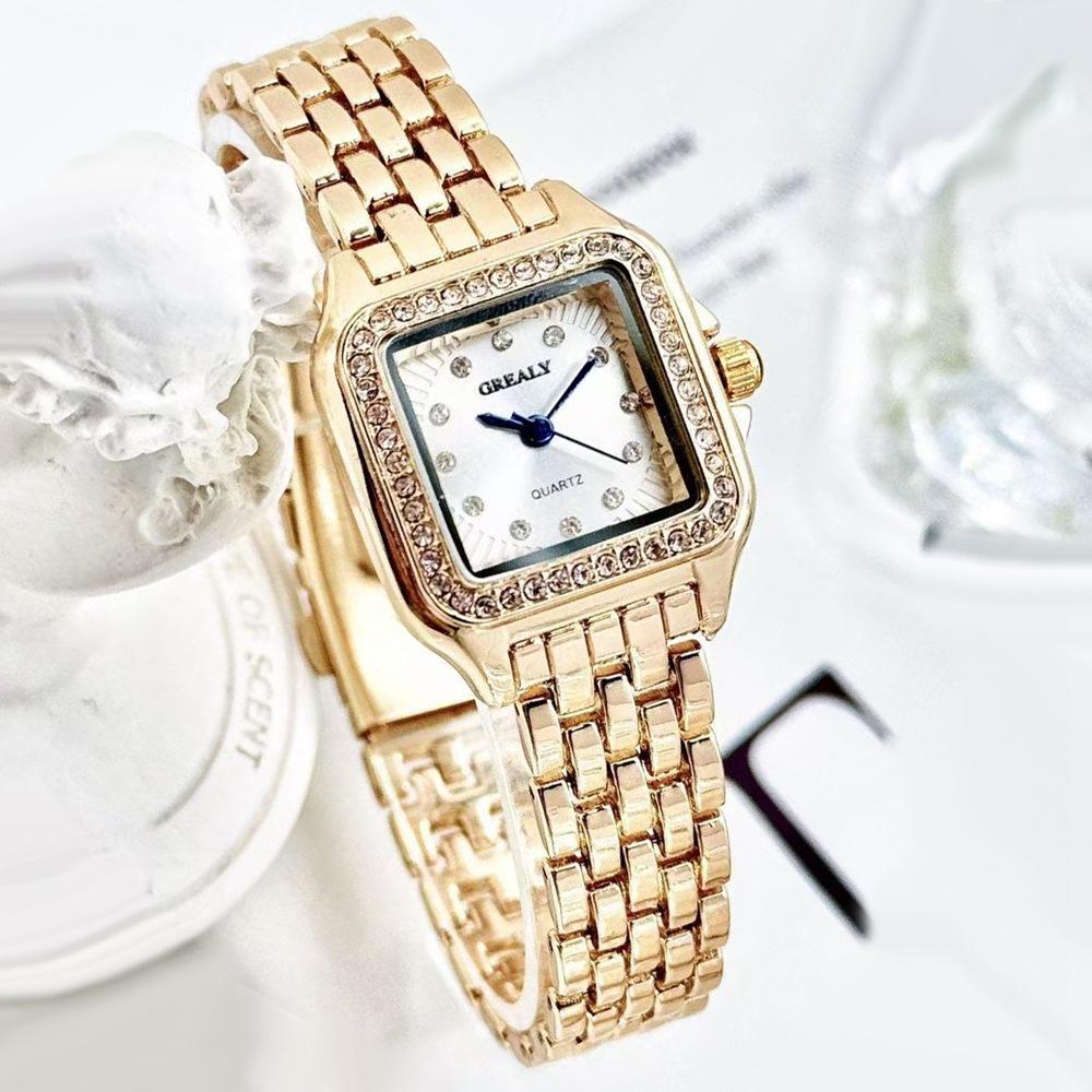 Elegant Women's Gold Square Watch with Silver Stainless Steel Band - Perfect Gift for Students