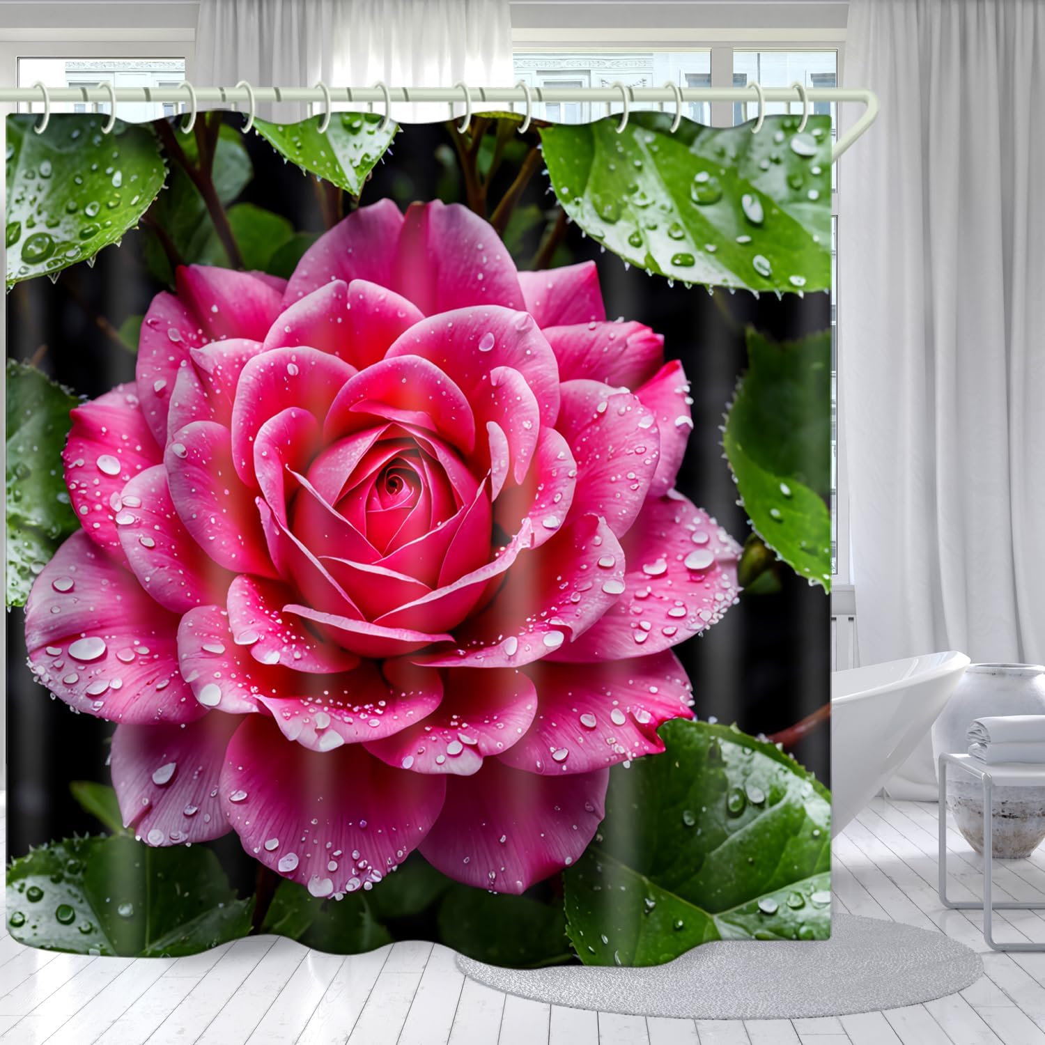 Bright Fabric Shower Curtain, Pink Flower Theme Design Art Shower Curtain, Bathroom Decor Set, 12 Shower Curtain Hooks (72  Wx72 90x180cm