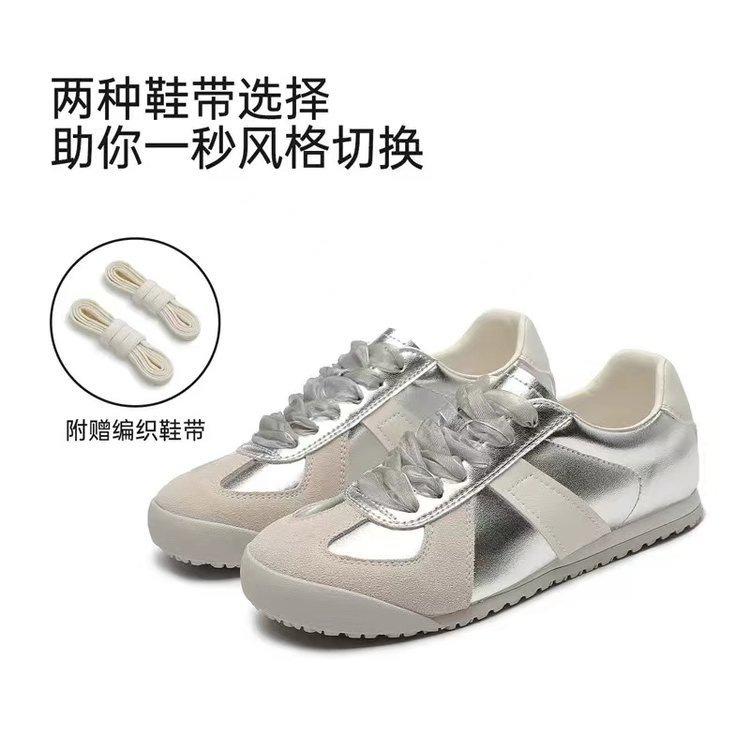 Retro casual sports shoes spring and summer new soft leather niche silver ballet training shoes