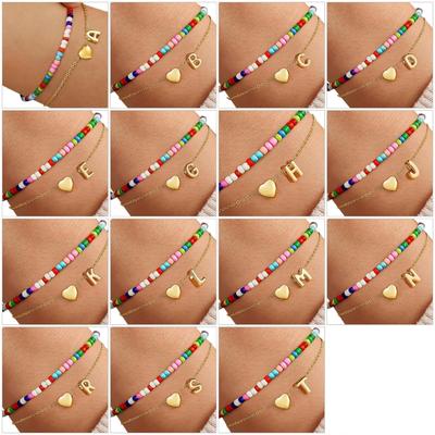 Double Layer Heart Beaded Bracelet Feature Initial Charm Letter Fashion Copper Jewelry Gift For Teen Girls Women