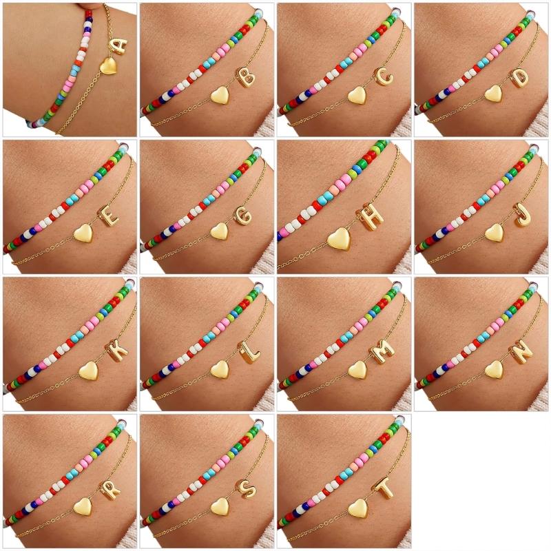 Double Layer Heart Beaded Bracelet Feature Initial Charm Letter Fashion Copper Jewelry Gift For Teen Girls Women