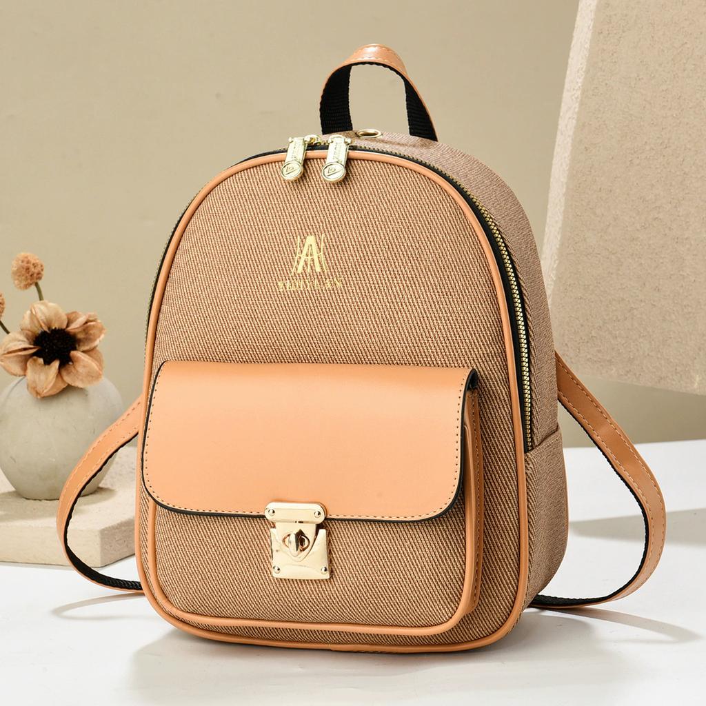 Women's Canvas & PU Leather Mini Backpack, Large Capacity Casual Daypack with Gold Lock, for Travel School Daily Use