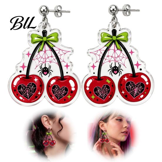 Dark Style Pendant Earrings 1 Pair Acrylic Cherry for Women, 2D Fruit Dangle Drop Halloween Party Jewelry with Spider Web And Bow, Punk Goth Aesthetic