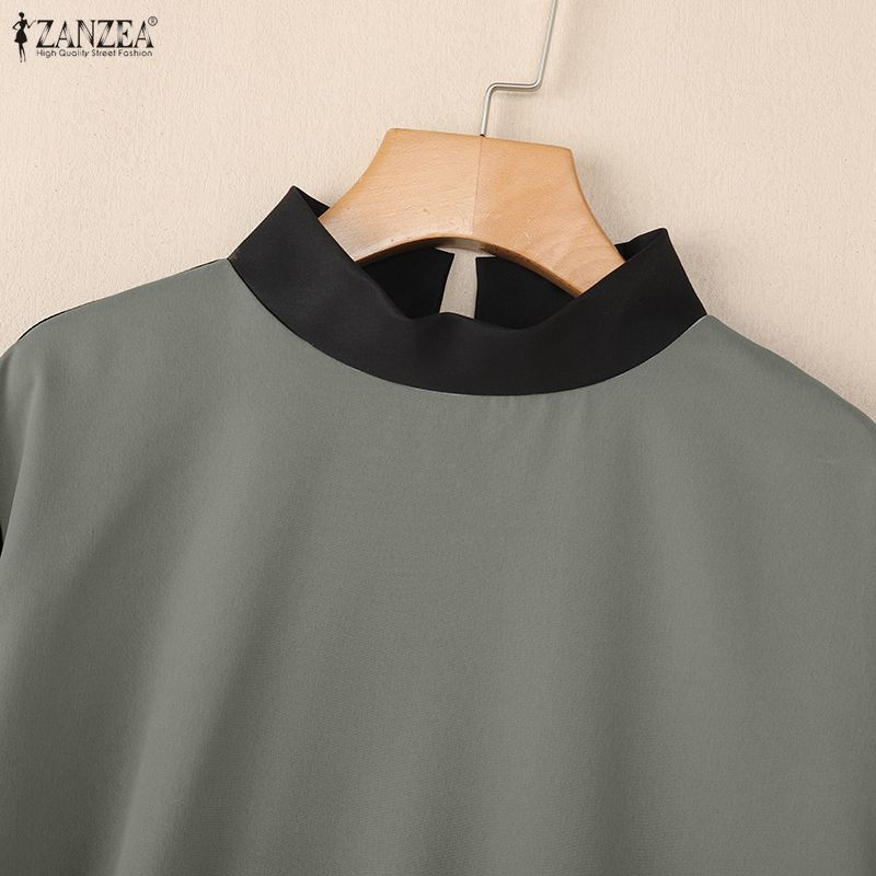 ZANZEA Women Stand Collar Loose Casual Long Sleeve Patchwork Blouse