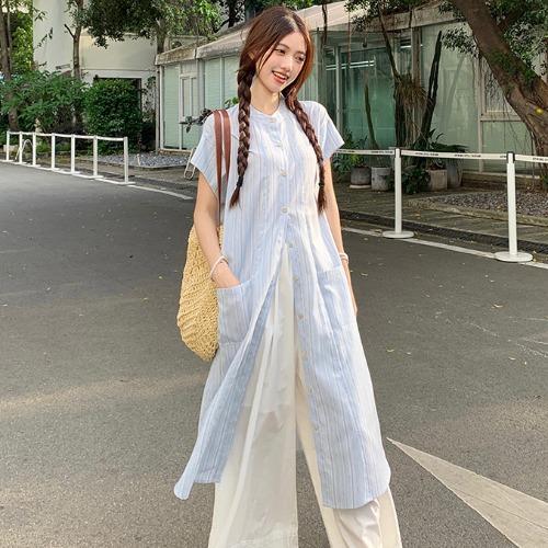 Blue striped short-sleeved shirt dress women's summer 2026 new loose casual fashion wide-leg pants two-piece set