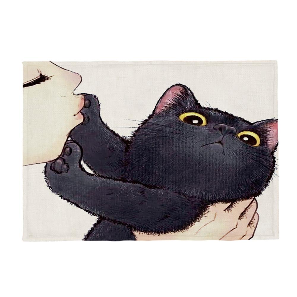 Kočičí lněná podložka na stůl Roztomilý odmítá políbit Prostírání s kresleným vzorem Dekorace na kuchyňský stůl Mat