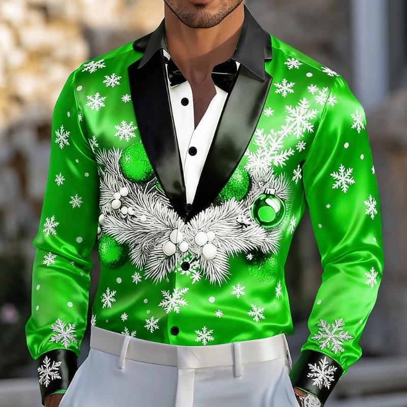 Christmas Men's Christmas Costume Suit Tie Printed Tuxedo Shirt Dress Shirt Long Sleeve Fashion Casual Outdoor Party Spring Fall