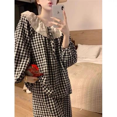 Korean Ins Style Pajamas Women's Models Spring and Fall Long-Sleeved Sweet Lace Plaid Clouds Cotton Student Pajamas Homewear Set