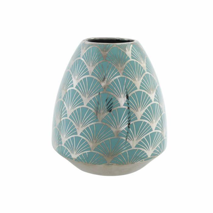 Vase décoratif - Design oriental - Turquoise - 18 cm - Porcelaine - Bord en chrome