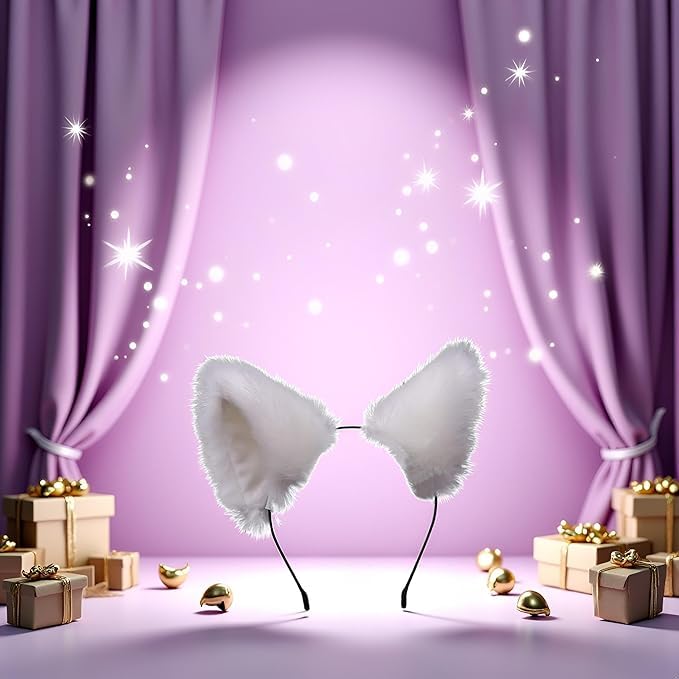 Qintreesify Süßes Katzenohren-Stirnband mit langem Fell und Fuchsohren, Cosplay-Stirnband mit Glöckchen, Kopfschmuck für Party-Kostüme, Halloween-Haarreif, Weiß