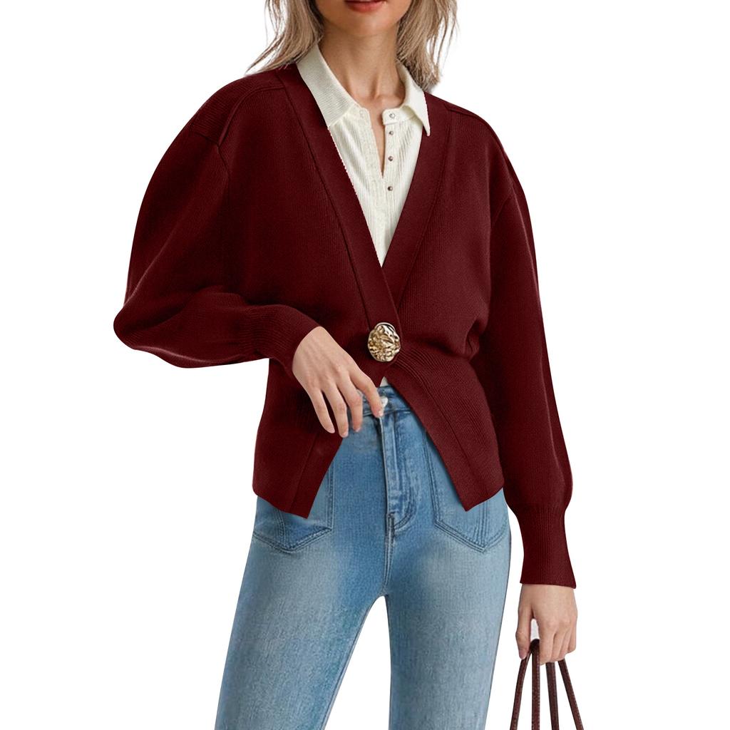 Women's Fashion Solid Color V-Neck Button-Up Knitted Cardigan Sweater