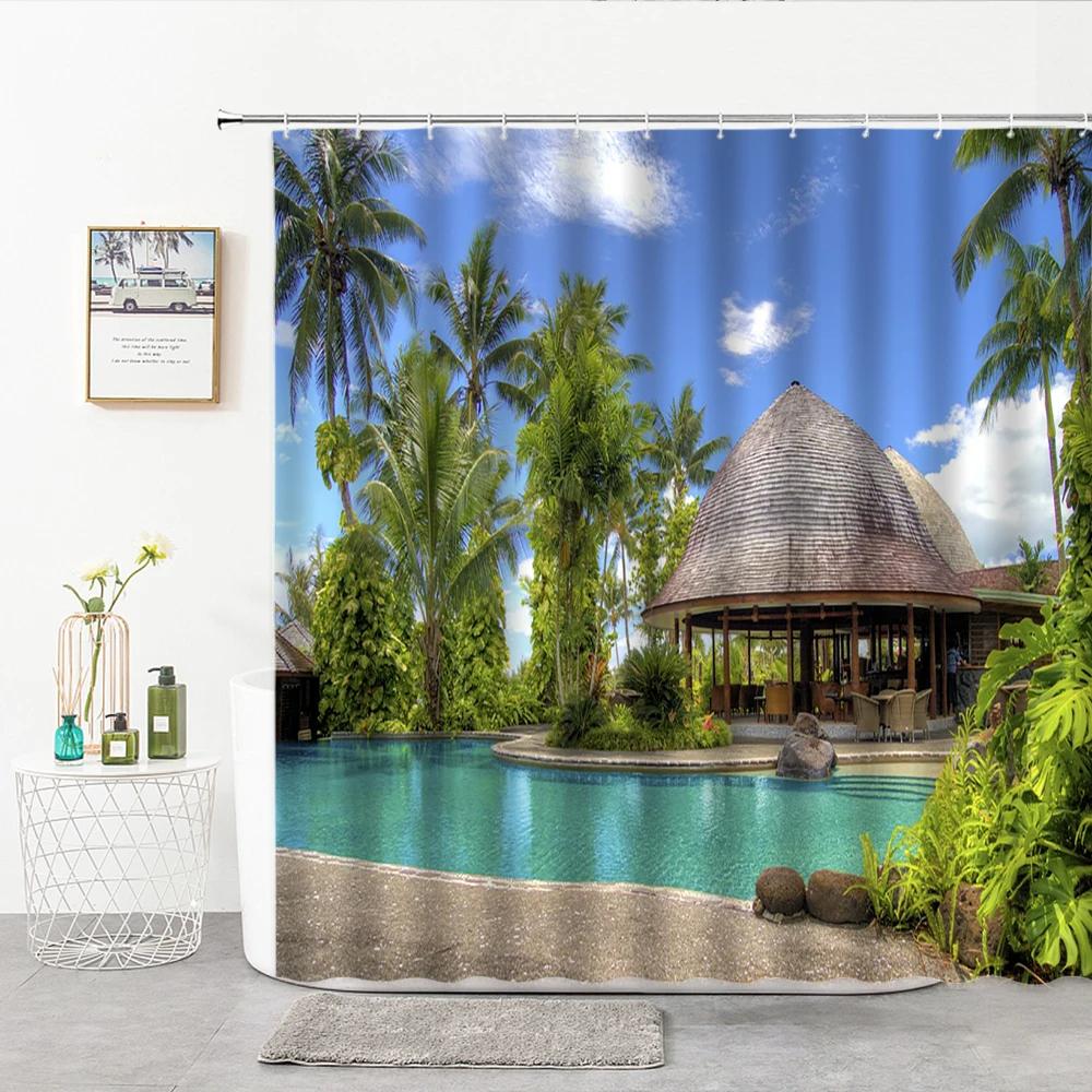 Swimming Pool Pattern Shower Curtain Exotic Ocean Bathroom Curtains Polyester Bathtub Screens Home Decoration with Hook