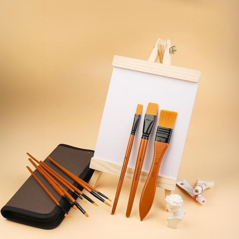 10 Pcs Orange Handle Nylon Bristle Watercolor Brush Set with Canvas Bag for Kids Adult DIY Handcraft Painting