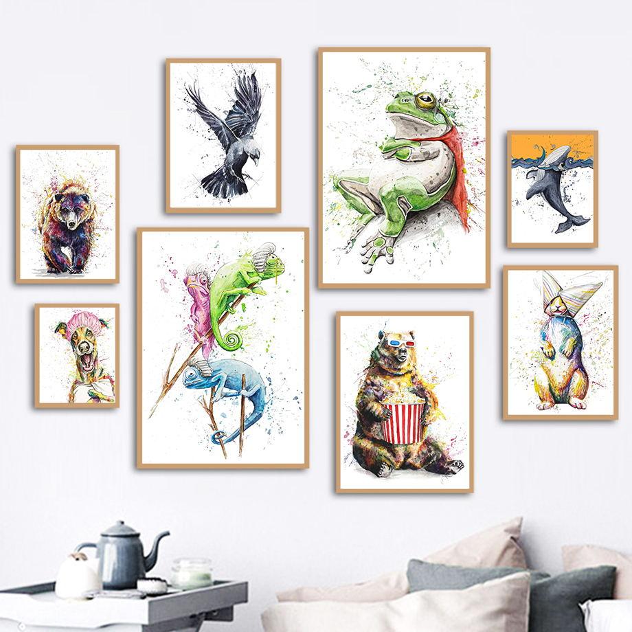 Watercolor Bear Rabbit Whale Dog Eagle Frog Wall Art Canvas Painting Nordic Posters And Prints Pictures For Living Room Decor