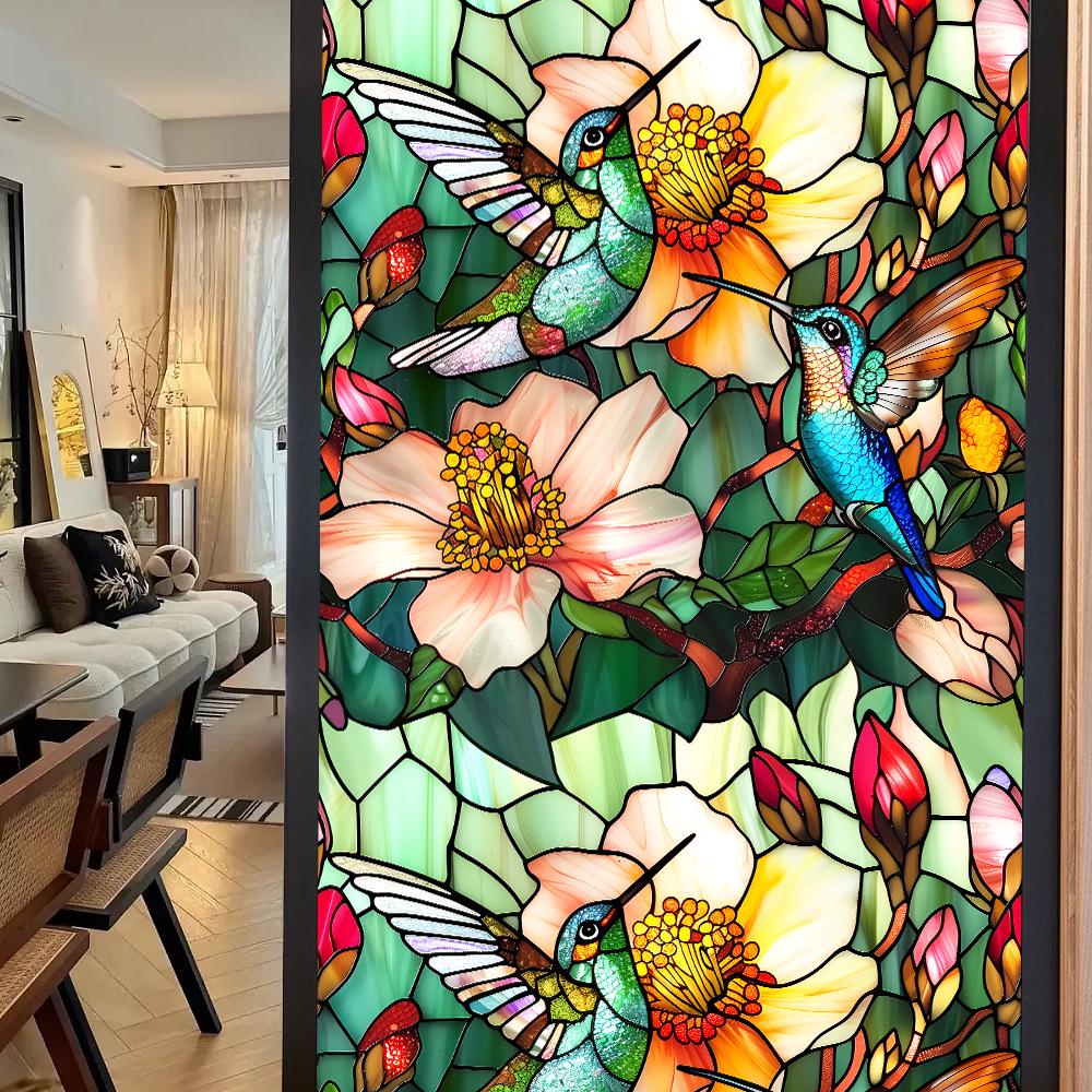 Цветная ретро цветочная и птичья статическая пленка для окон - Без клея, Съемная 60x100cm Frosted