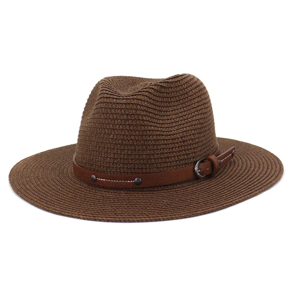Navy Panama Hat Straw Summer Hats for Women Men Fedora Wide Brim Belt Decorate Male Female Jazz Sombrero Cap Black Pink New