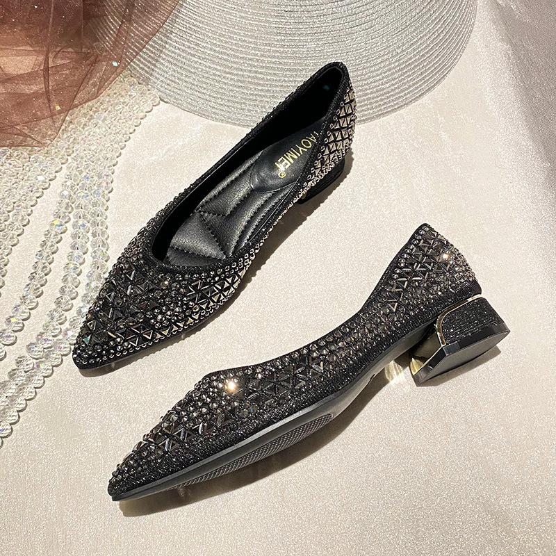 Coarse Heel Single Shoes Women's Summer 2025 New Shallow Mouth Rhinestone Temperament Versatile Soft Surface Comfortable Pointed Women's Shoes