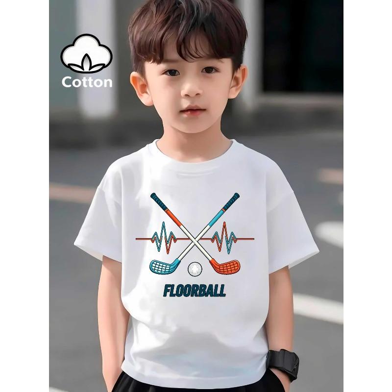 European sizes Floorball Boys' T-shirts Boys' Creative T-shirts, Casual, Lightweight and Comfortable Short-sleeved Tops, Summer Children's Clothing