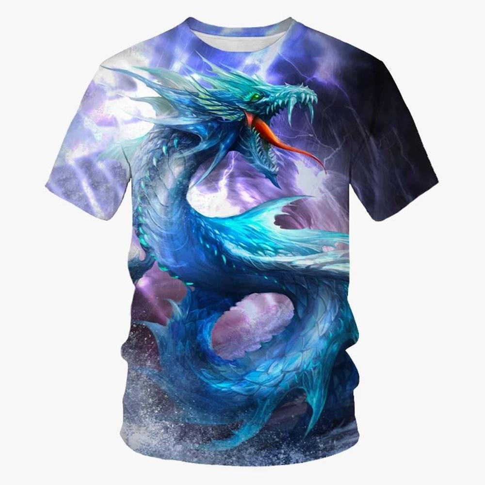 Summer New Cool 3d Dragon Printed Fashion Men's Round Neck Short Sleeve  Funny