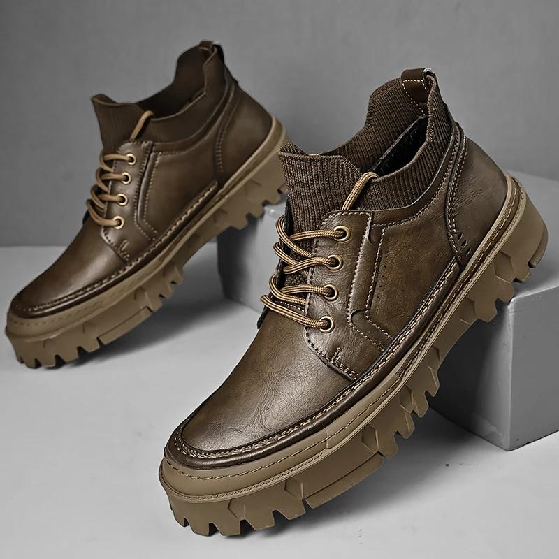 Designer Men's Genuine Leather Shoes Fashion High Top Shoes Winter Ankle Boots Men's Work Wear Shoes Thick Sole Elevated Shoes