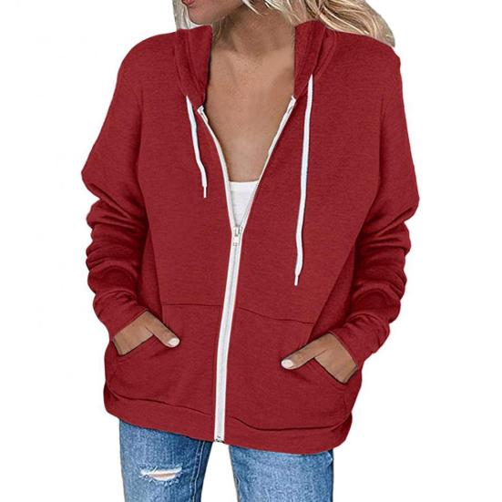 Spring Autumn Women Solid Color Sweatshirt Coat Hooded Drawstring Long Sleeve Pockets Zipper Placket Thickened Outerwear