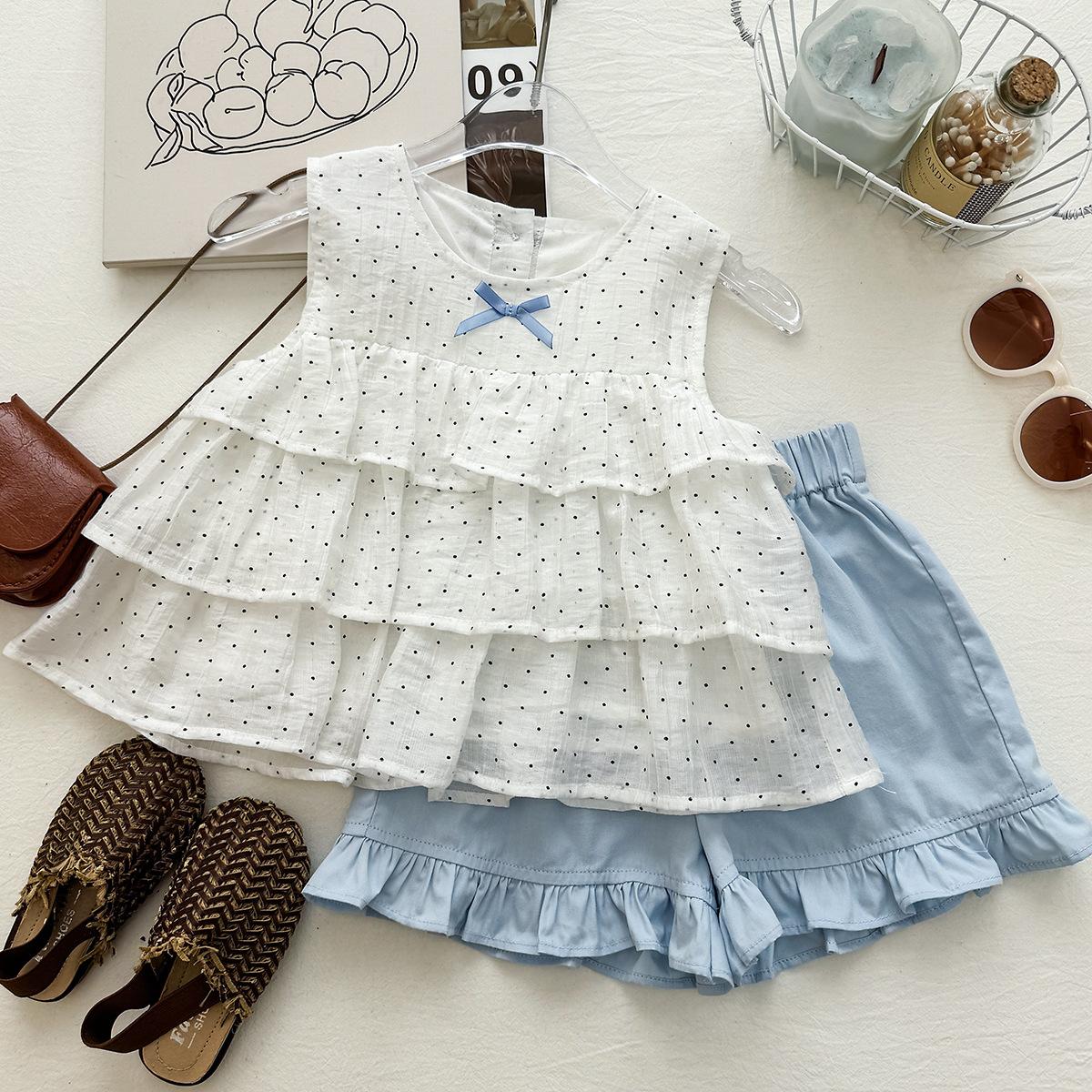 Summer Girls Polka Dot Sleeveless Vest And Ruffle Shorts Casual Two Piece Set 90cm