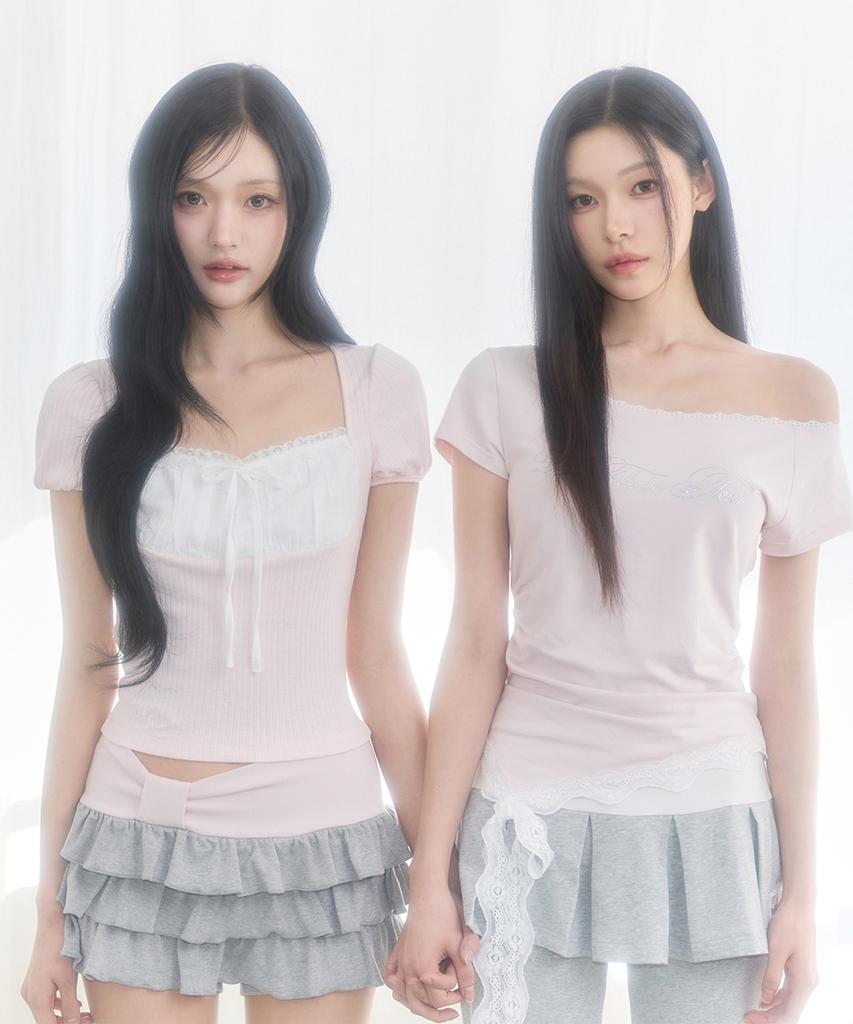 ILLIGO Lace One-Shoulder Shirred Top Pink