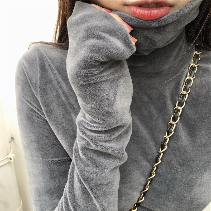 Women's Long-Sleeve Gold Velvet High-Collar Top, Thickened and Warm, Ideal for Spring, Autumn, and Winter.