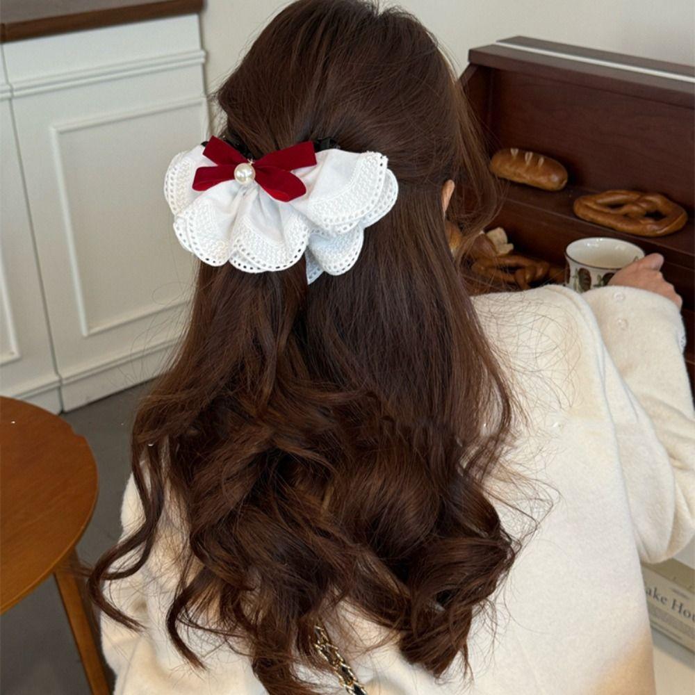 Hair Clips Bowknot Banana Clip Cloth Bow Vertical Clip Cute Lace Bow Hairpin  New Year Headwear