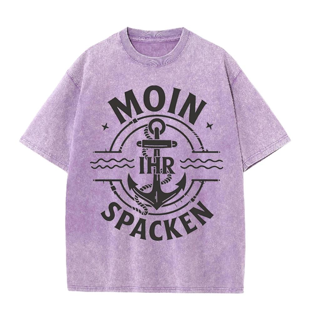 2026 Vintage Nautical Anchor Wave Badge Graphic Beige Washed T Shirt Moin Ihr Spacken German Slogan Casual Oversized Unisex Shor