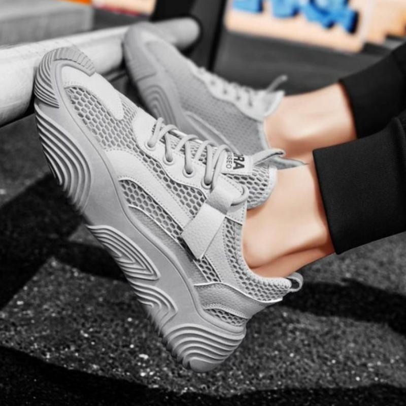 Grey Breathable Mesh Upper Hollow Thick Platform Man Casual Sneaker On Sale Simple Korean Comfortable Light Sports Shoes for Men