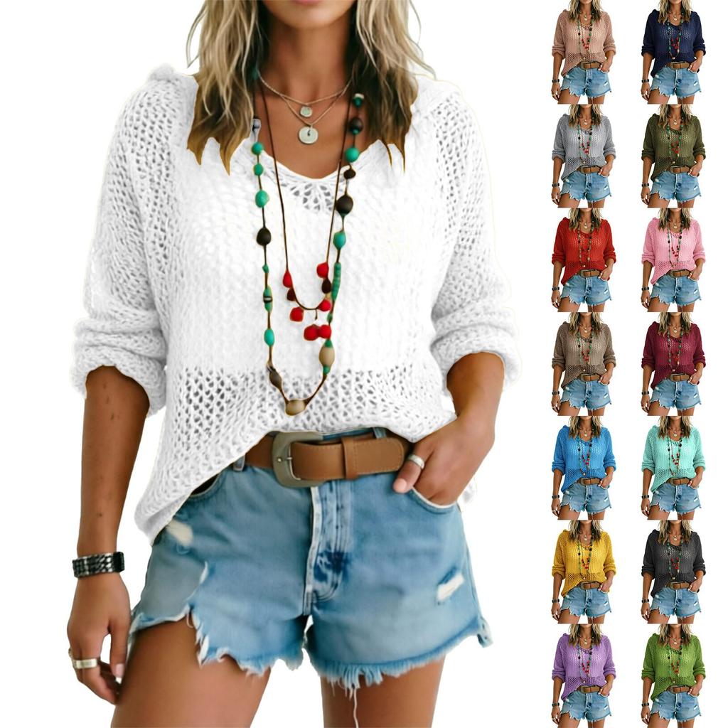Damen Häkelstrick V-Ausschnitt Ausgeschnitten Bluse Langarm Leichter Pullover Lockerer Schnitt Lässiges Sommer Oberteil für den täglichen Gebrauch