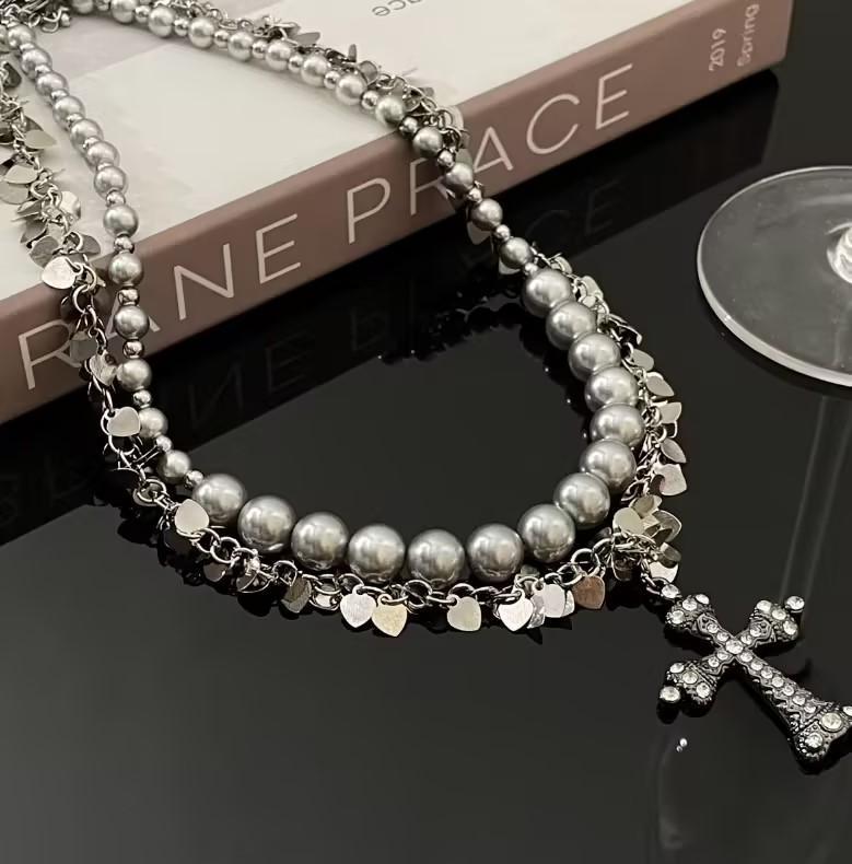Dark Gothic cross fringed necklace multi-layered beaded necklace fashionable Spice Girl necklace