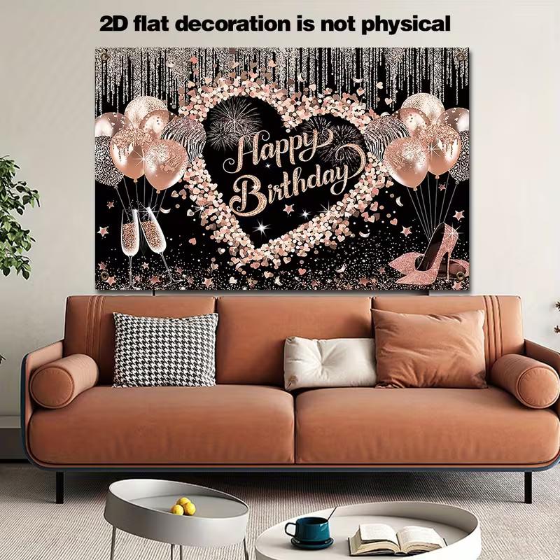 2D Printing Rose Gold Glitter Backdrop, Black Happy Birthday Party Decoration Background