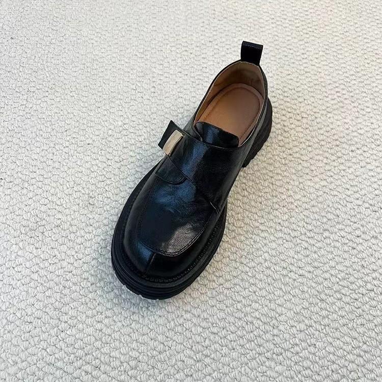 Sheepskin version~ thick-soled Velcro leather loafers women's British style thick heel deep mouth single shoes black jk small leather shoes