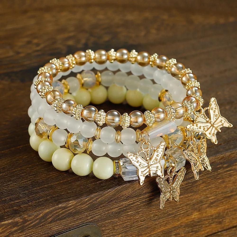 4pcs Set Bohemia Cute Pink Acrylic Beaded Crystal Butterfly Bracelet for Women Charm Multilayer Pearl Bangle Jewelry Accessories