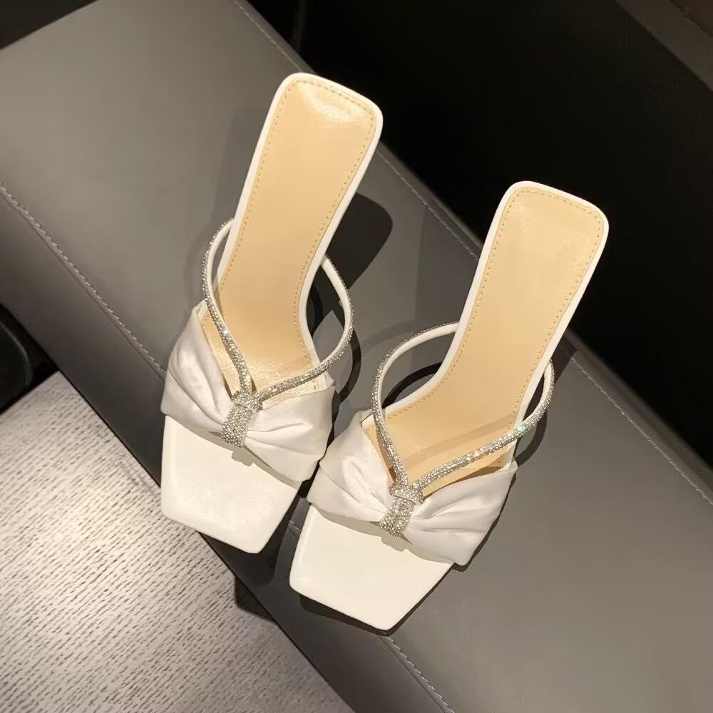 Sandali Estivi con Tacco a Spillo Moda Donna Punta Quadrata Bocca Bassa Punta Aperta Set di Cristalli Slip-on Antiscivolo Indossare Pantofole