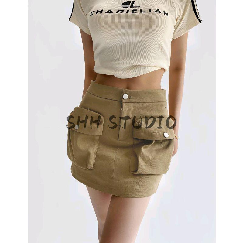 Summer New Women Clothes American Vintage Three-Dimensional Pocket High Waist A Word Anti-exposure Slimming Short Overalls Skirt