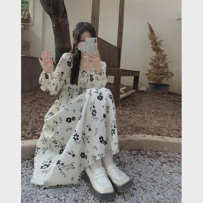 2022 French-Style Dried Rose Floral Dress: Autumn/Winter Slim Long Skirt for Women