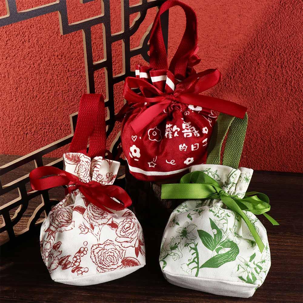 Letter Canvas Drawstring Bag Floral Bowknot Handbag Elegant Festive Sugar Bag Party