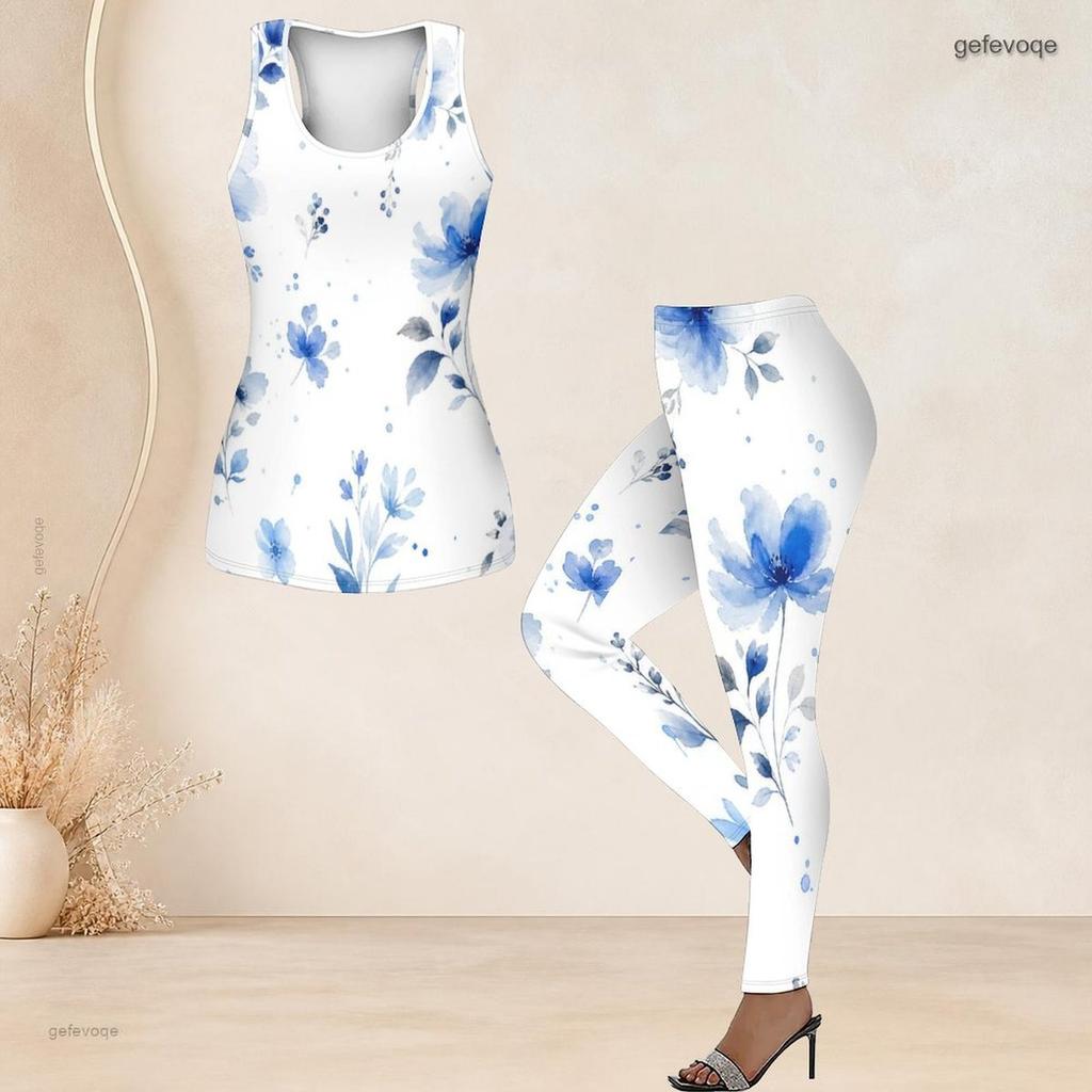Women Plus Size Two Piece Set Scoop Neck Sleeveless Floral Printed Tank Top And Fitted Pants