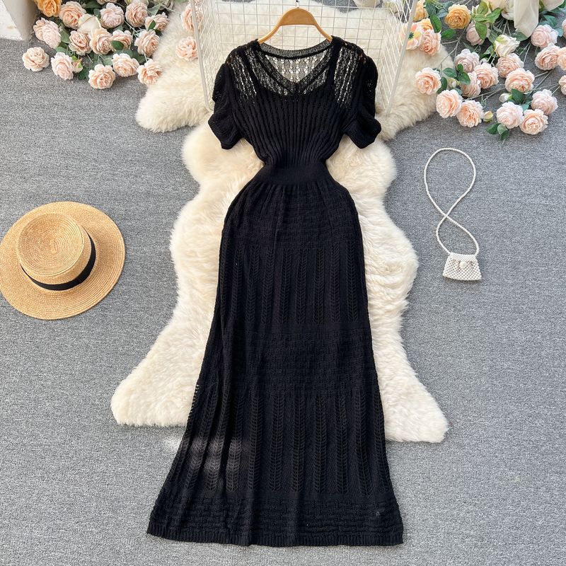 

Summer Ins V Neck Temperament Waist-Controlled Dress Short Sleeve Black All yards