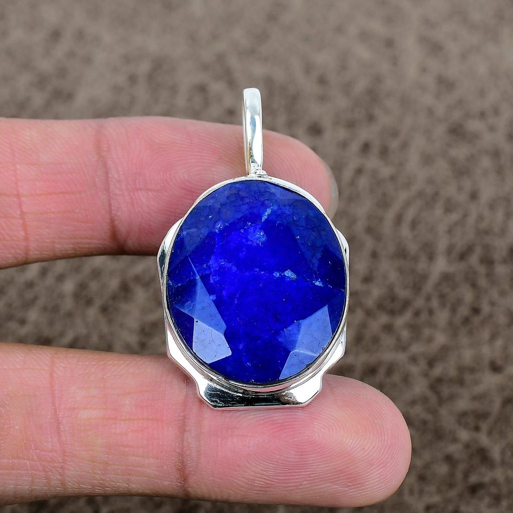 Blue Jade Gemstone Handmade 925 Sterling Silver Jewelry Pendant 1.77" KKG-360