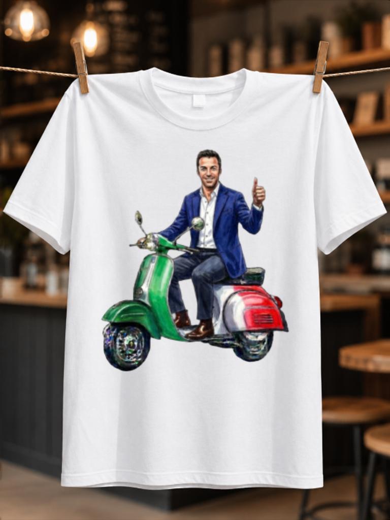 Monopattino Verde Gentleunisex Cavaliere Illustrato Che Fa Pollice in Su Su Monopattino Tricolore Retrò Giocoso Unisex T-Shirt