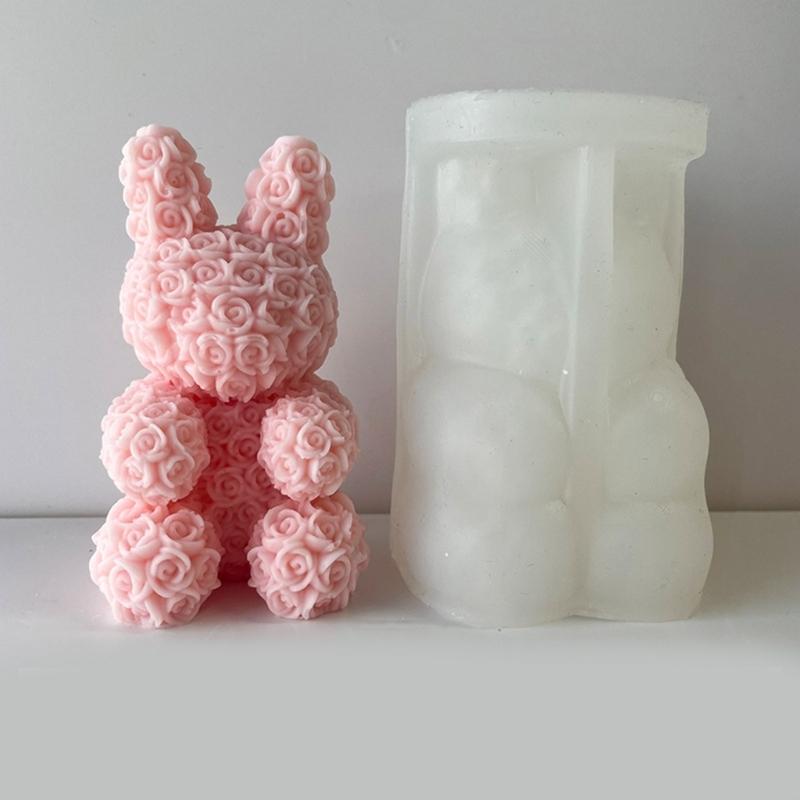 Rose Series Animal Aromatherapy Candle Silicone Mold Diy Rabbit Bear Handmade Soap Dripping Plaster Decoration Mold