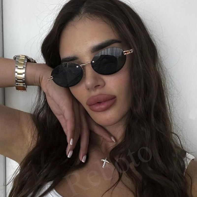 Black Metal Oval Women's Sunglasses Trend  Vintage Rimless Sunglasses For Women Fashion Designer Small Shades UV400 Oculus