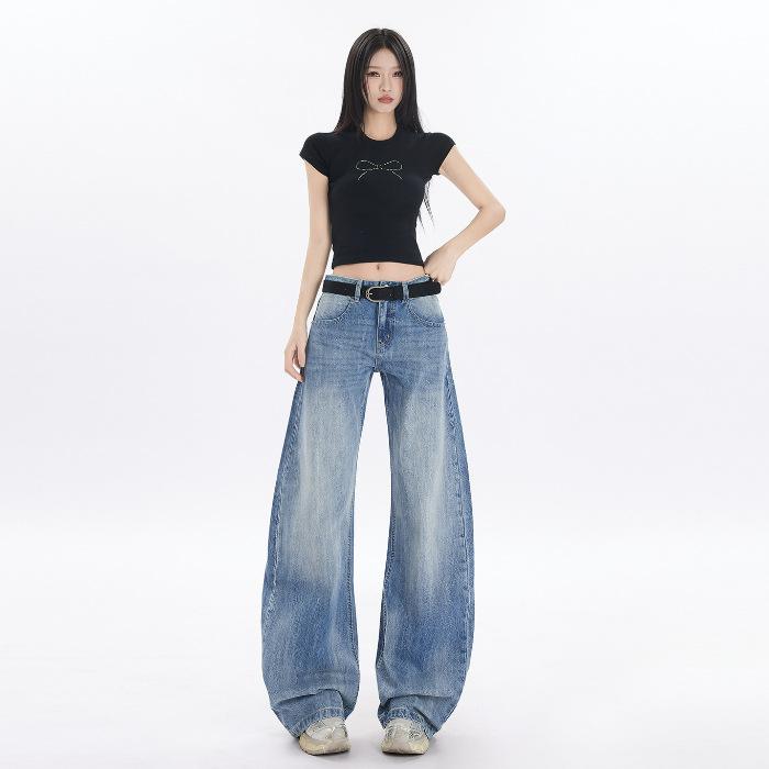 Women s High Waist Wide Leg Jeans Loose Fit Vintage Washed Cotton Banana Denim Trousers Spring Casual Floor Pants XS