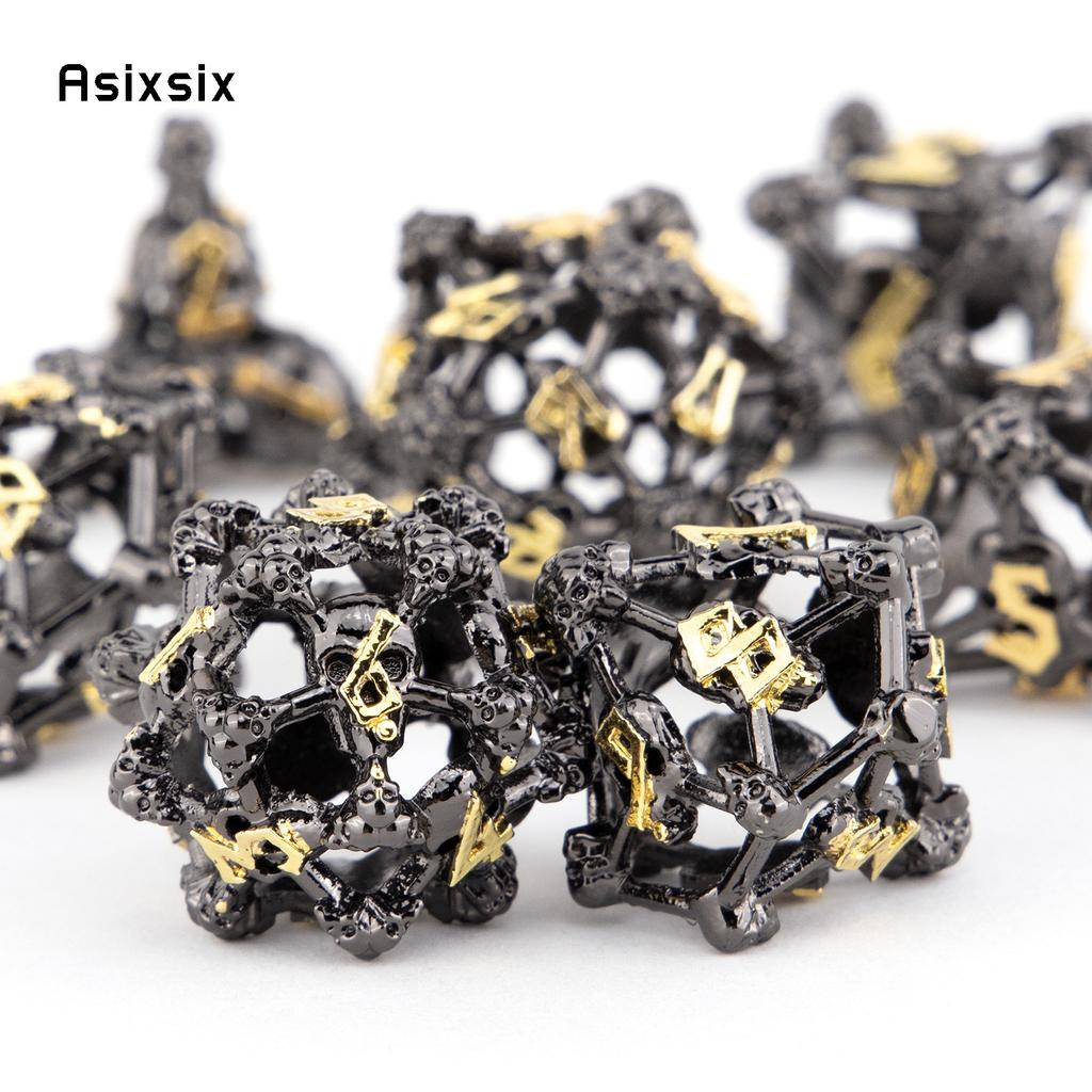 7 Pcs Black Yellow Skull Head Metal Dice Hollow Metal Polyhedral Dice Set Suitable for Role-Playing RPG  Board Game Card Game