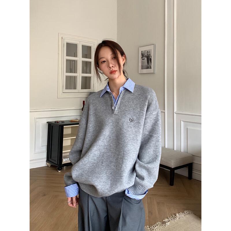 

ICH MODE Faux Two-Piece Polo Collar Knit Sweater L