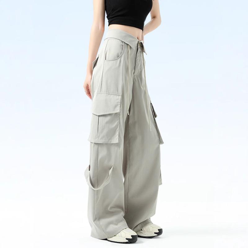 Vintage High Street Wide-leg Overalls Women's Spring New High-waisted Waist-turned Design Sports Casual Pants